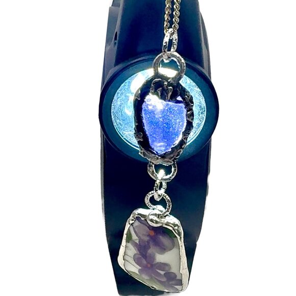 Violets Broken China & Sea Glass Artisan Silver-Blend Metalwork Bezel Pendant - Picture 12 of 17